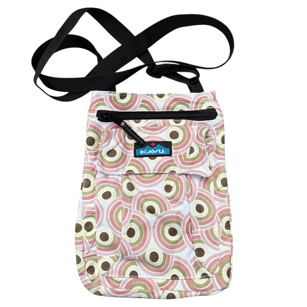 KAVU Women OS Crossbody Bag Pink Green Geometric Circle Canvas Adjustable Strap